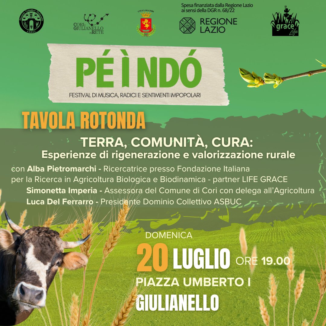 Domenica 20/07 FIRAB partecipa alla tavola rotonda “Terra, Comunità, Cura” a Giulianello (LT) – Festival PÉ I NDÒ
Parliamo di <a href="/lifegrace2020/">LIFE Grace</a>, filiere locali, CAM, pascolo nei menù scolastici e territori da rigenerare insieme 🌾
 🕖 Ore 19 | Piazza Umberto I
#FIRAB #agricoltura