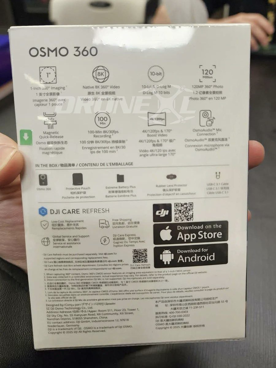 The #Osmo360 box was spotted in Australian stores predicting USD and EUR prices starting at 500. This also confirmed all specs I shared earlier: dronexl.co/2025/07/05/dji… Cheers!