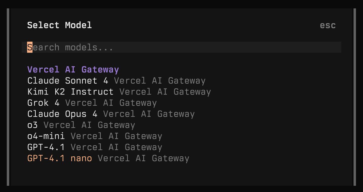 we updated models.​dev to include vercel ai gateway so you can use it with opencode

- single api key, access many models
- pass through pricing, no markup
- if you have a team plan you get $5 a month in credit
