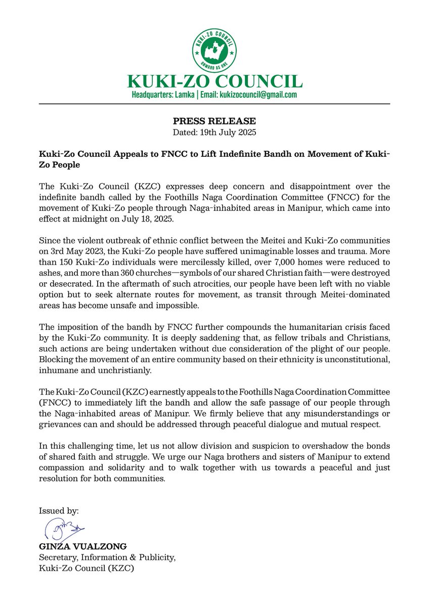 Manipur: The imposition of the bandh by FNCC is deeply saddening. Blocking the movement of an entire community based on their ethnicity is unconstitutional, inhumane and unchristianly.