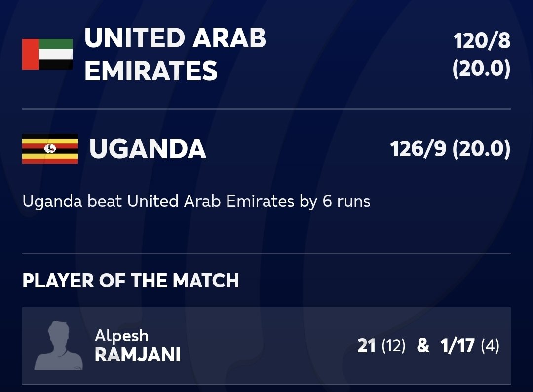 🇺🇬 Uganda stun UAE in a low-scoring thriller! 

Yes, that UAE — the same team that beat Bangladesh — just lost to Uganda.
And here’s the kicker: Uganda did it with a weekend XI! 💪

This team doesn’t stop surprising 👏

#CricketAfrica #UgandaCricket #UAEvsUGA #AssociateCricket