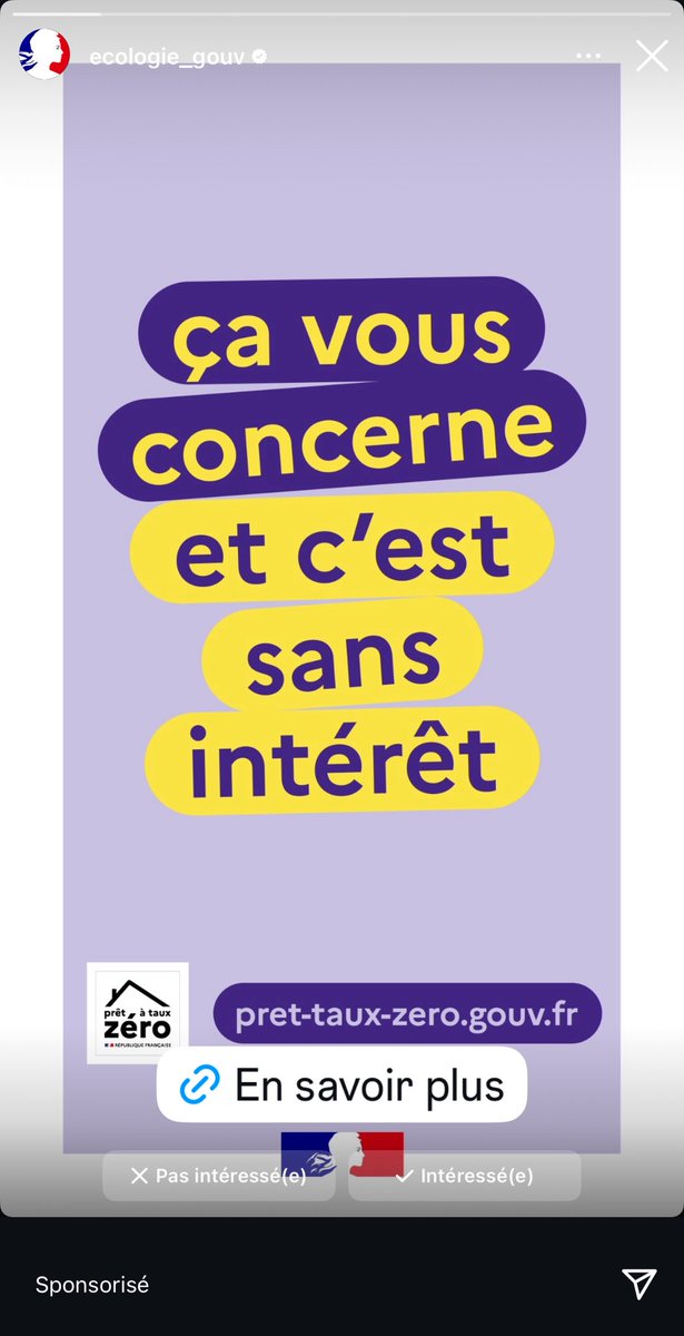 Donc l’Etat français utilise nos impôts pour : 
1️⃣ Payer des parasites qui créent un compte Insta « ecologie_gouv » et l’alimenter avec de la propagande. 
2️⃣ Faire de la pub via ce compte pour des prêts à taux 0 garantis par NOUS ?!

<a href="/NicolasQuiPaie/">Nicolas 💸</a>, tu n’as pas encore tout vu…