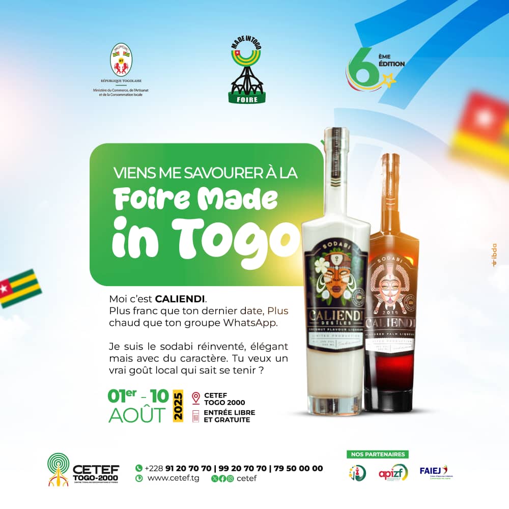 Vous avez dit "Sodabi"!?! <a href="/CaliendiLiqueur/">Nous sommes le Togo ! 🇹🇬</a>  vous répond en 4 saveurs différentes revisitées en alliant un goût traditionnel à un design moderne et épuré.
Venez déguster les liqueurs locales à la Foire Made In Togo qui se tiendra du 1er au 10 Août 2025 au CETEF TOGO 2000.