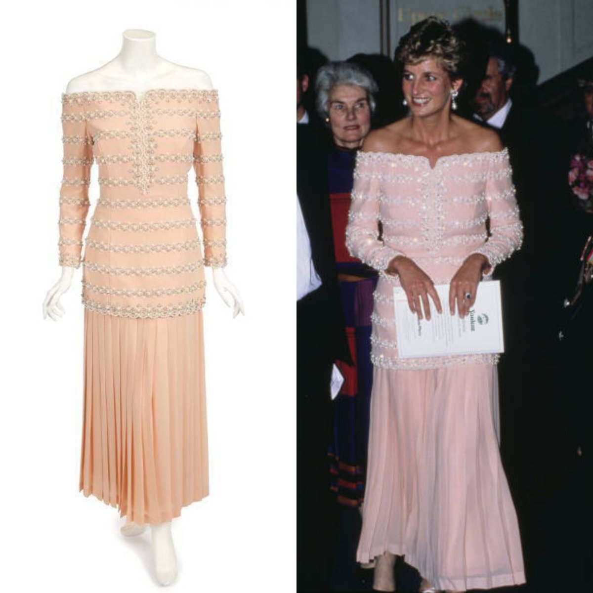 vickyhaddock's tweet image. Princess Diana attended the re-opening of the Savoy Theatre #OnThisDay in 1993. She wore a petal pink silk Catherine Walker gown with a pleated skirt and an off-the-shoulder bodice embellished with bands of simulated pearls and beads. Sold by @JuliensAuctions. #fashionhistory
