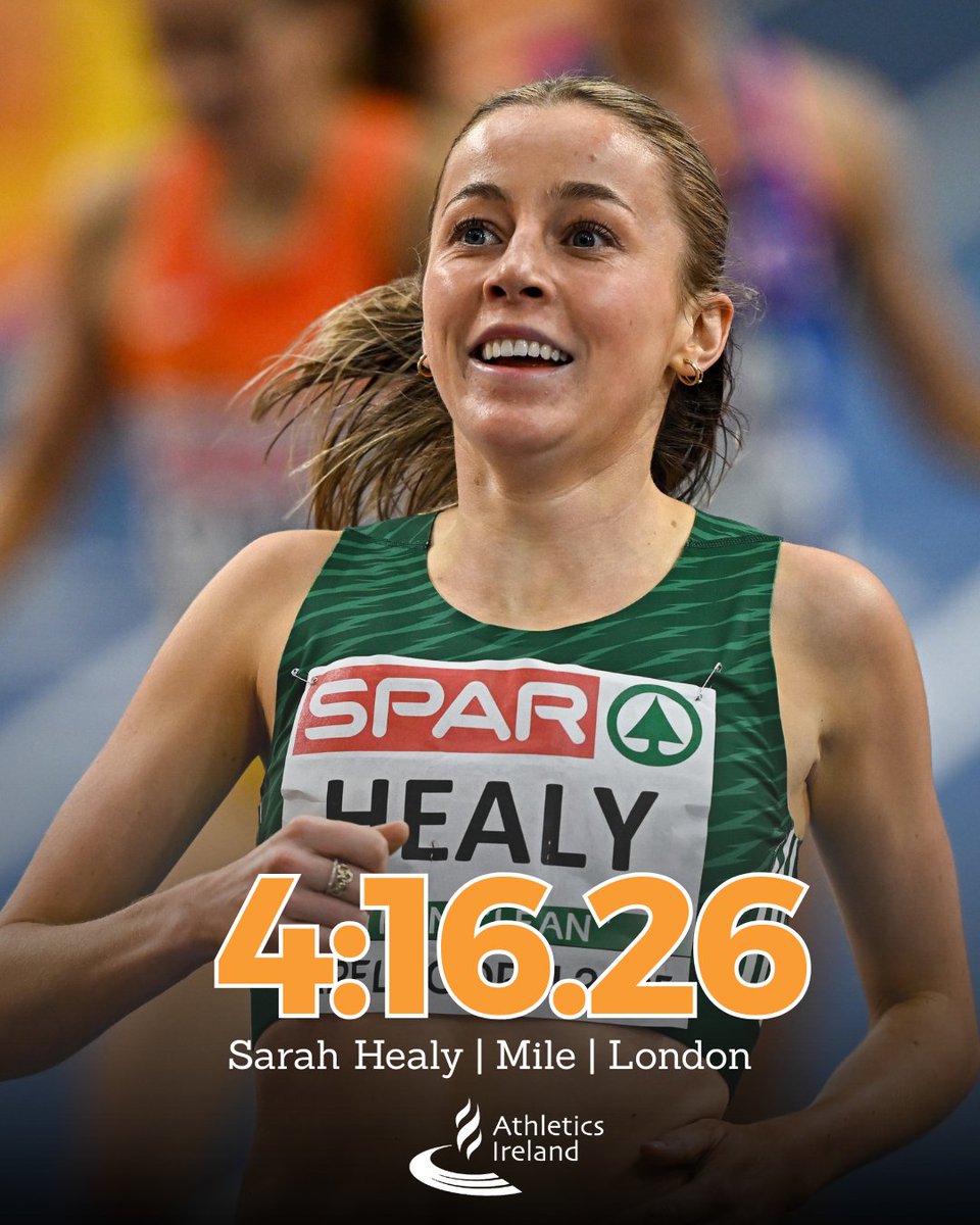Third for Sarah! 🙌

Another excellent run from Sarah Healy (UCD AC) who clocks 4:16.26 to finish third in the Women's Mile at the London Diamond League 💎

The Dubliner moves to second on the Irish all-time list for the event behind Ciara Mageean 👏

#IrishAthletics