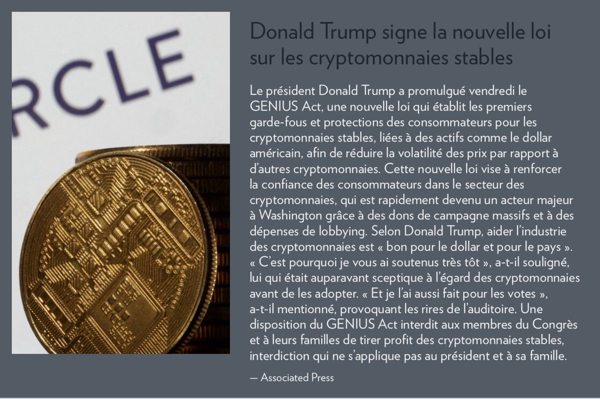 haldol's tweet image. « Une disposition du GENIUS Act interdit aux membres du Congrès et à leurs familles de tirer profit des cryptomonnaies stables, interdiction qui ne s’applique pas au président et à sa famille. »