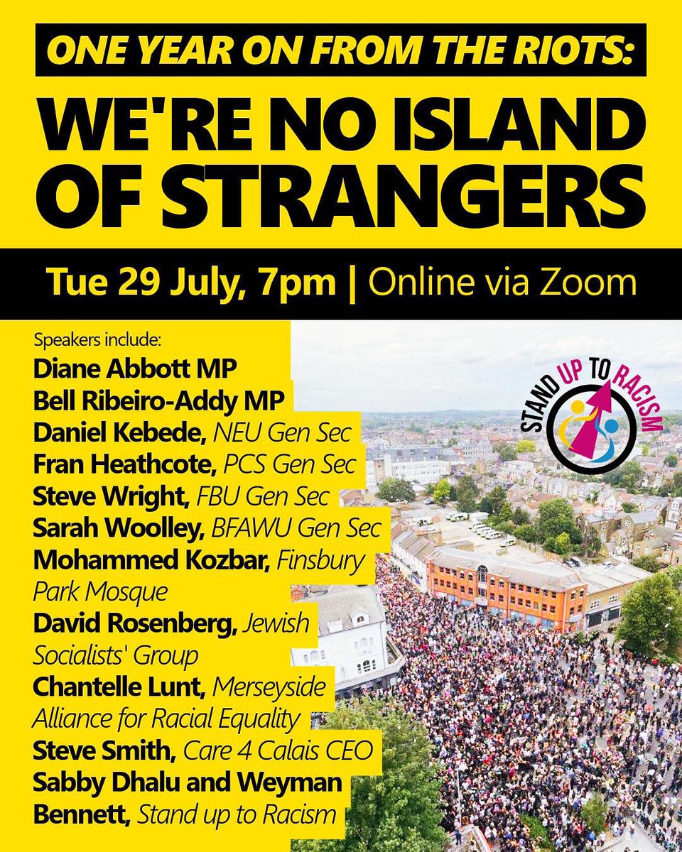 SutrWf59371's tweet image. 🔥*One year on from the riots: we’re no island of strangers*
Stand Up to Racism online event
👉🏽 *Tuesday 29 July 7pm*
*Register now* bit.ly/sutr29july
