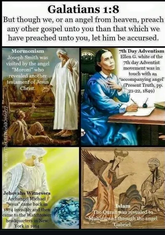 BookOfRevelatio's tweet image. Islam=demonic
Seventh day Adventism=demonic
Jehovah's witnesses=demonic