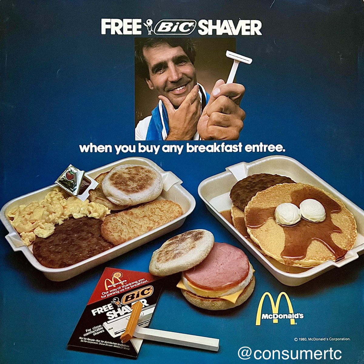 consumertc's tweet image. Just in case it’s 1980 and you’re on the fence about grabbing McDonald’s for breakfast, here’s a free BIC RAZOR!