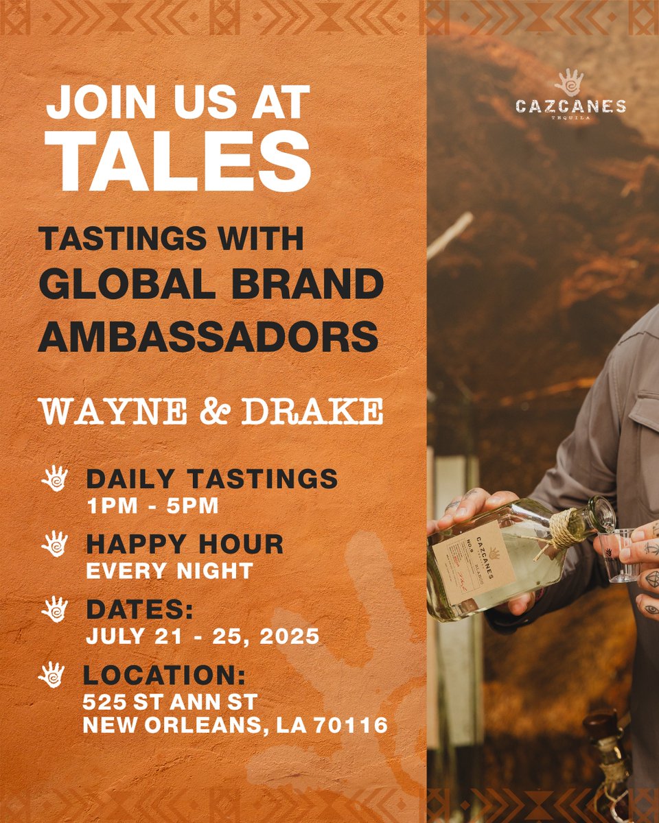 Join us in NOLA next week for open tastings with our global brand ambassadors Wayne &amp; Drake.

🗓️ July 21-25
🥃Open Tastings: 1-5PM
🍸Happy Hour: Every Night
📍525 St Ann St., New Orleans, LA 70116

#CazcanesTequila #UnconquerableSpirit #TalesOfTheCocktail #Cocktails