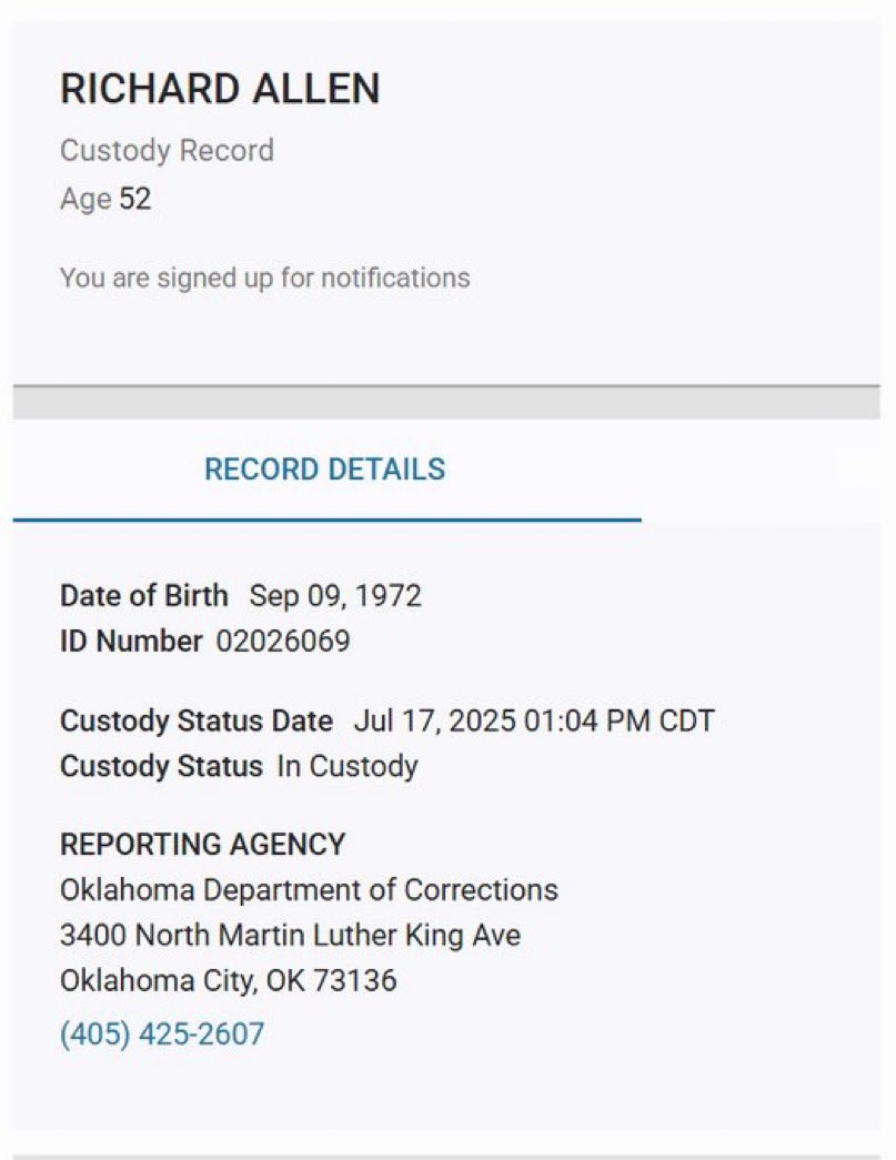 angelaganote's tweet image. OK, I really am on vacation, but I do have time before the plane leaves.
A lot of you want to know why Delphi convicted murderer Richard Allen was moved to an out of state prison.
I do not know, but he is now in Oklahoma according to online records. I searched the IDOC and it…