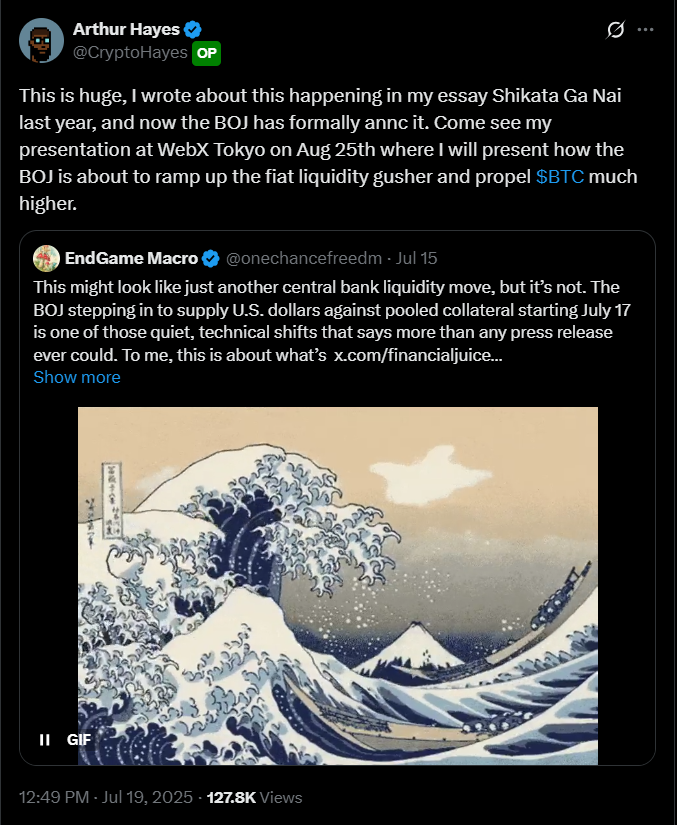 Steven_Research's tweet photo. SÓNG NGẦM ĐANG CHẢY DƯỚI ĐÁY SÔNG!

@CryptoHayes có một số quan điểm khá thú vị mà mình thấy ít người nhắc tới, thì Q3-Q4/2025 là giai đoạn nhạy cảm, các bác tham khảo quan điểm này nhé 👇

1. Ngày 15/7/2025, BOJ (Ngân hàng Nhật Bản) công bố sẽ bắt đầu cung cấp USD dựa trên tài sản thế chấp, áp dụng từ 17/7

=> Ban đầu trông như thủ tục quản lý thanh khoản thông thường, nhưng thực chất nó là dấu hiệu của áp lực USD toàn cầu

2. Nguyên nhân đằng sau

- Các tổ chức Nhật từng vay JPY - mua tài sản USD – hedge FX, một mô hình mang tên carry trade.

- Khi Fed giữ lãi suất cao, USD mạnh lên, Yen yếu => hedge bị lỗ => họ bị “siết nợ”.

(Hiện tại rất khó cho Nhật Bản, khi lạm phát tăng, đồng Yên yếu, lãi suất NHTW Nhật lại đang thấp)

- BOJ tham gia dùng cách này để hạ nhiệt, tránh tình trạng các tổ chức phải thanh lý tài sản USD

3. Ý nghĩa toàn cầu

- Nhật vẫn là nền kinh tế lớn thứ 4 Thế Giới đến 2024, nên ảnh hưởng của Nhật với Thế Giới là rất lớn

- Một NHTW lớn phải bơm USD nội địa có nghĩa là thị trường tư nhân không đủ khả năng cung cấp thanh khoản USD.

- Đây là dấu hiệu đầu tiên của stress hệ thống – giống như các đợt 2008, 2011, 2019, 2020 – trước khi Fed buộc phải can thiệp

- Q3–Q4/2025 sẽ là giai đoạn rất nhạy cảm khi hàng loạt trái phiếu USD đáo hạn ở châu Á và các nước đang phát triển.

* Khi đó nếu không xoay được nợ => gây vỡ nợ dây chuyền (đây là tình huống xấu nhất)

- Có thể hiểu BOJ đang làm việc "đón đầu cú sốc", và có thể sẽ kéo theo các NHTW khác như PBOC, ECB, ... cũng làm theo

4. Ảnh hướng tới crypto - và quan điểm cá nhân

- Nếu các trung tâm tài chính khác làm theo, Fed sẽ khó lòng tiếp tục giữ lãi cao – và crypto có thể là kênh hưởng lợi sớm nhất

- Arthur Hayes nhận định đây có thể là “start của một làn sóng fiat liquidity”, và $BTC sẽ hưởng lợi lớn

=> Tóm lại: Có thể BOJ vừa “khởi động động cơ in tiền” bằng USD, không phải vì khủng hoảng đã xảy ra – mà vì họ ngửi thấy mùi nguy cơ khủng hoảng đang đến gần.

- Cá nhân mình nghĩ nếu xảy ra khủng hoảng thì nó có thể bắt đầu từ Nhật Bản chứ không phải Mỹ. Còn nếu Fed can thiệp thì tiền sẽ sớm chảy tràn ngập 

- Ý kiến các bác ra sao?