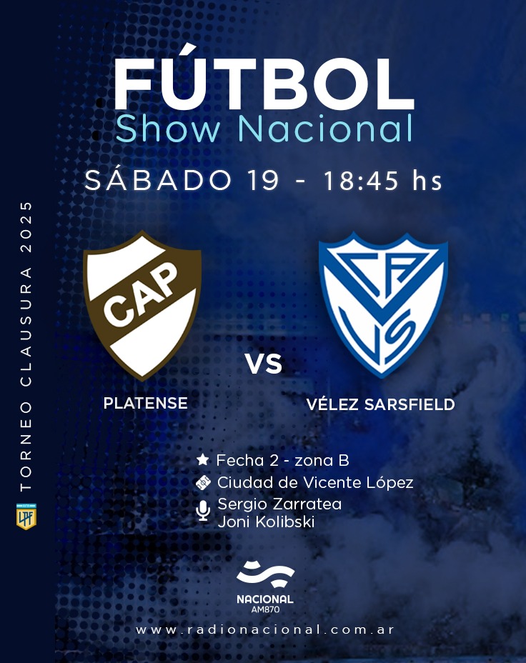 #FútbolShowNacional | ¡Arranca la segunda fecha del Torneo Clausura y lo vivís por <a href="/NacionalAM870/">Radio Nacional AM 870</a>!⚽ 

Desde las 18:00hs, transmitimos #Platense vs #Vélez en #AM870 📻

Relata <a href="/sergiozarratea/">Sergio Zarratea 🎙</a> y comenta <a href="/JIMinotti/">Juan Ignacio Minotti</a>
Vestuarios Fernando Puentes y <a href="/RodrigoRuiz1976/">Rodrigo Ruiz</a> 

📻AM870
#TuRadio