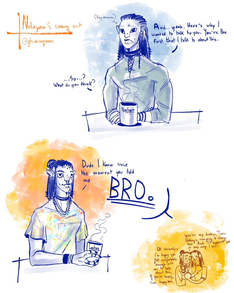 glowingnavi's tweet image. Doodled something from my modern au before watching the trailer- Neteyam talking with Lo’ak about sexuality ☺️🩵💙 from @NeyrangCEO ‘s thread (btw I am NOT from the lgbt community so if it’s wonky I’m so sorry 😭😭)
#AVATARTheWayOfWater #Avatar #Loak #Neteyam