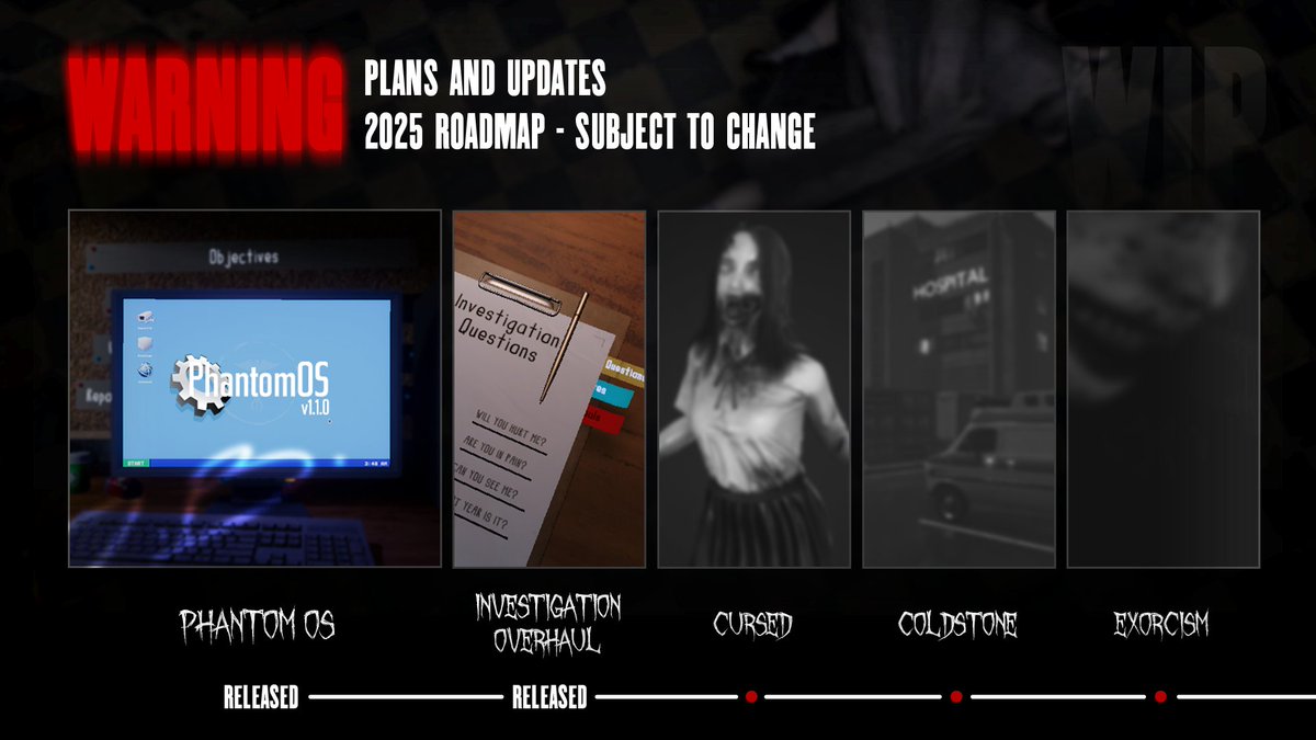 Heads up: A new update is coming today for Warning! Setting the ground for what is ahead. Here is an early sneak peek at our new roadmap for what is ahead.

#indiedev #Steam #horror