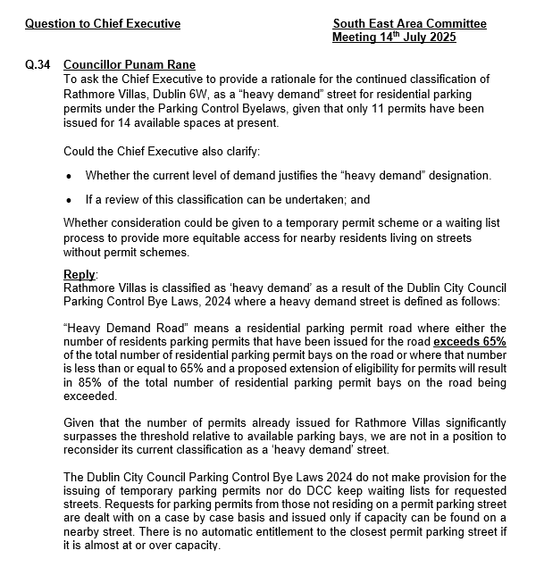 Cllr. Punam Rane-Fine Gael (@punamranefg) on Twitter photo 🚗 Rathmore Villas - Dublin6W Parking Update
<a href="/DubCityCouncil/">Dublin City Council</a> confirmed Rathmore Villas remains a “heavy demand” street under the Parking Control Bye-Laws 2024, so reclassification isn’t possible.
❌ No temporary permits or waiting lists allowed
✅ Nearby residents may request a 🚗 Rathmore Villas - Dublin6W Parking Update
<a href="/DubCityCouncil/">Dublin City Council</a> confirmed Rathmore Villas remains a “heavy demand” street under the Parking Control Bye-Laws 2024, so reclassification isn’t possible.
❌ No temporary permits or waiting lists allowed
✅ Nearby residents may request a