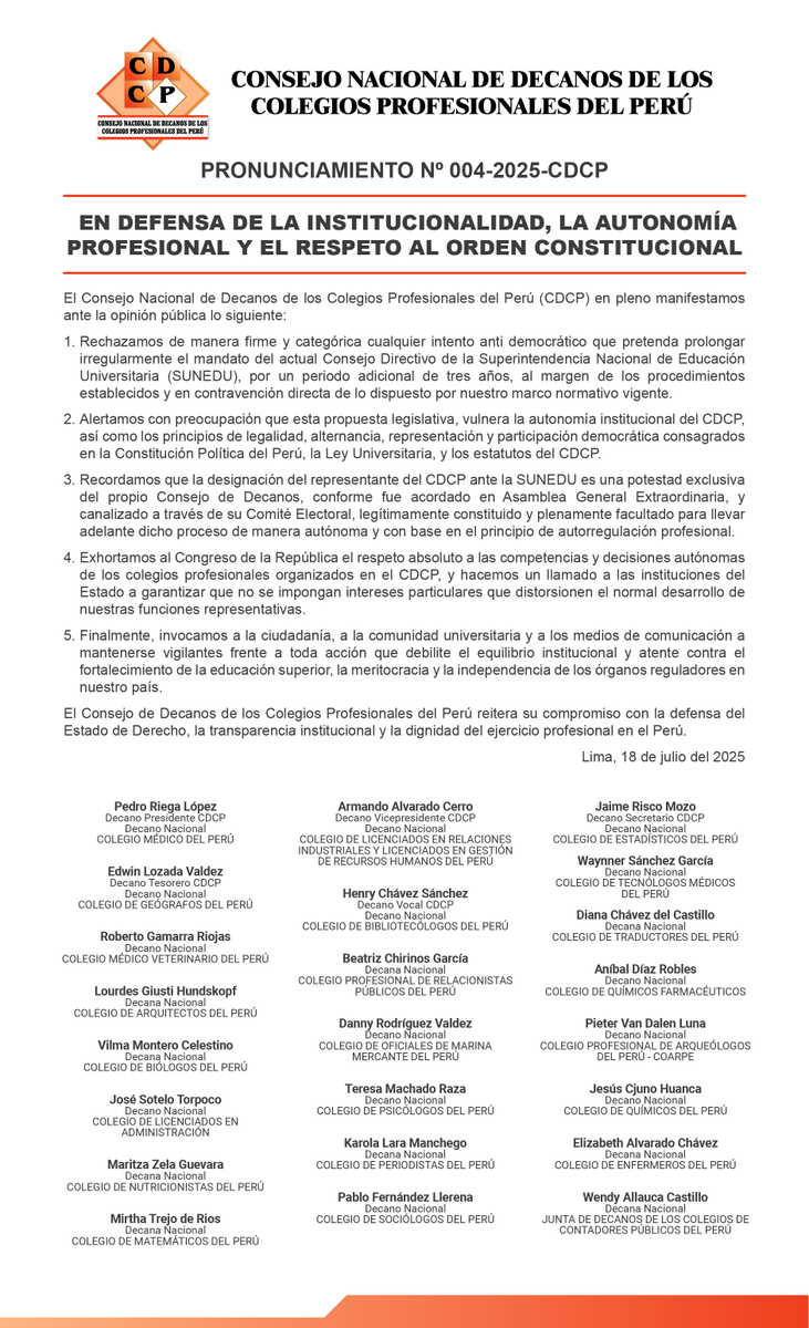 CMP_PERU's tweet photo. 🔴 ¡Alerta en defensa de la institucionalidad!

El Consejo Nacional de Decanos de los Colegios Profesionales del Perú (CDCP) expresa su firme rechazo a propuesta legislativa que prolonga el mandato del actual Consejo Directivo de la SUNEDU, contraviniendo el orden constitucional. https://t.co/nIVcWomMKM