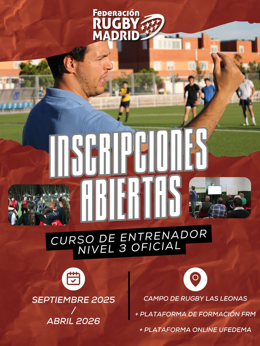 #CursosFRM 🏉🧑‍🏫¡ÁUN QUEDAN PLAZAS DISPONIBLES!

PRIMER CURSO OFICIAL DE ENTRENADOR NIVEL 3 (septiembre-abril)

✍️Formulario de inscripción OBLIGATORIO⚠️ y requisitos: docs.google.com/.../1FAIpQLScR…

⏰Fecha límite inscripción: sábado 30 de agosto (30 plazas)

#RugbyMadrid #NuestroRugby