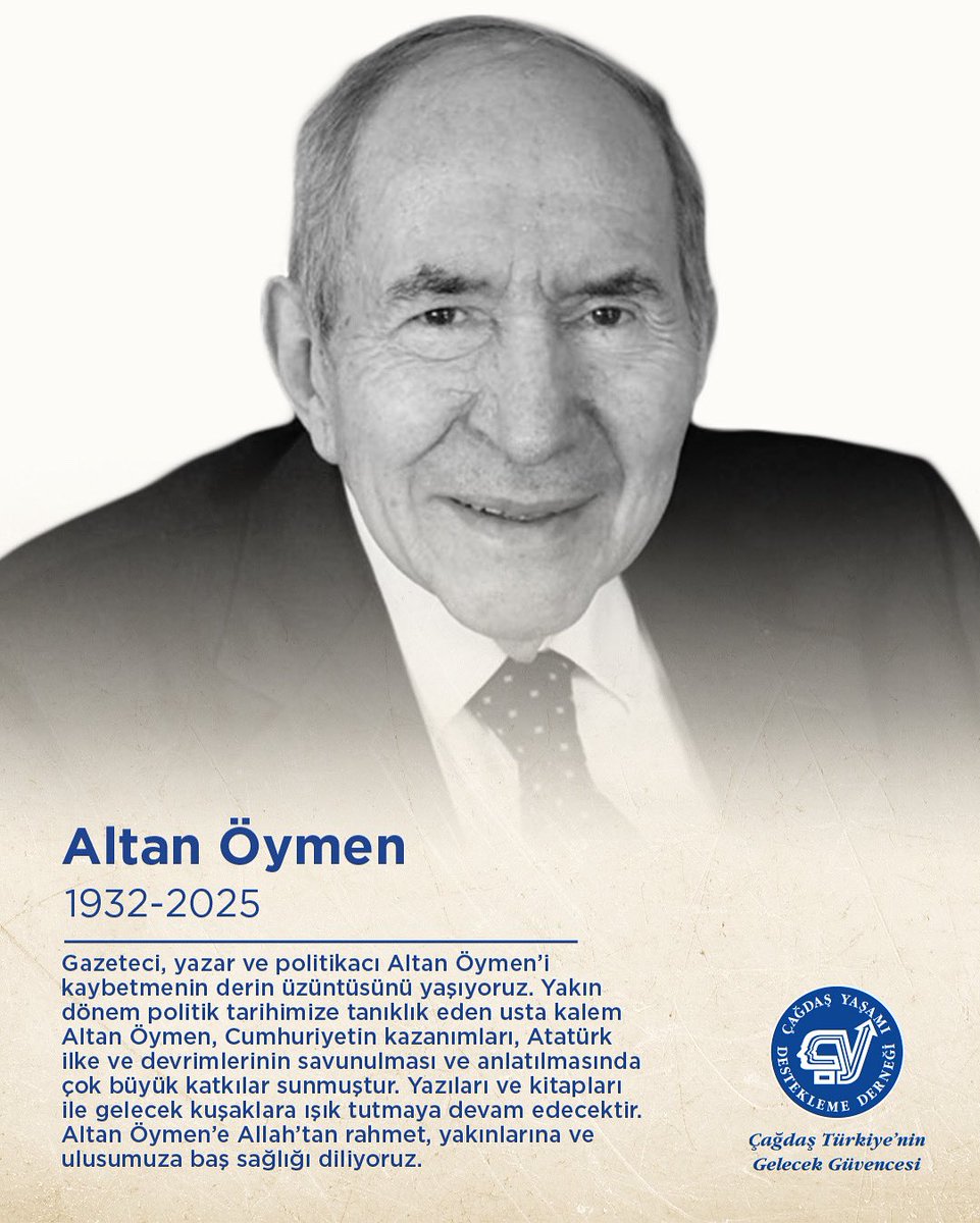 Gazeteci, yazar ve politikacı Altan Öymen’i kaybetmenin derin üzüntüsünü yaşıyoruz. Yakın dönem politik tarihimize tanıklık eden usta kalem Altan Öymen, Cumhuriyetin kazanımları, Atatürk ilke ve devrimlerinin savunulması ve anlatılmasında çok büyük katkılar sunmuştur. Yazıları ve