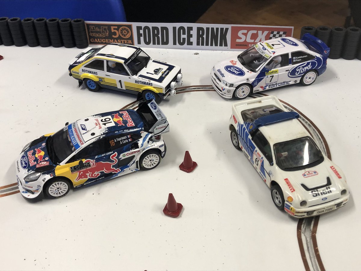 FormerCarPR's tweet image. Four Fords on the Ford Ice Rink stage. (Named after the village where sponsor, @Gaugemaster are based.)
