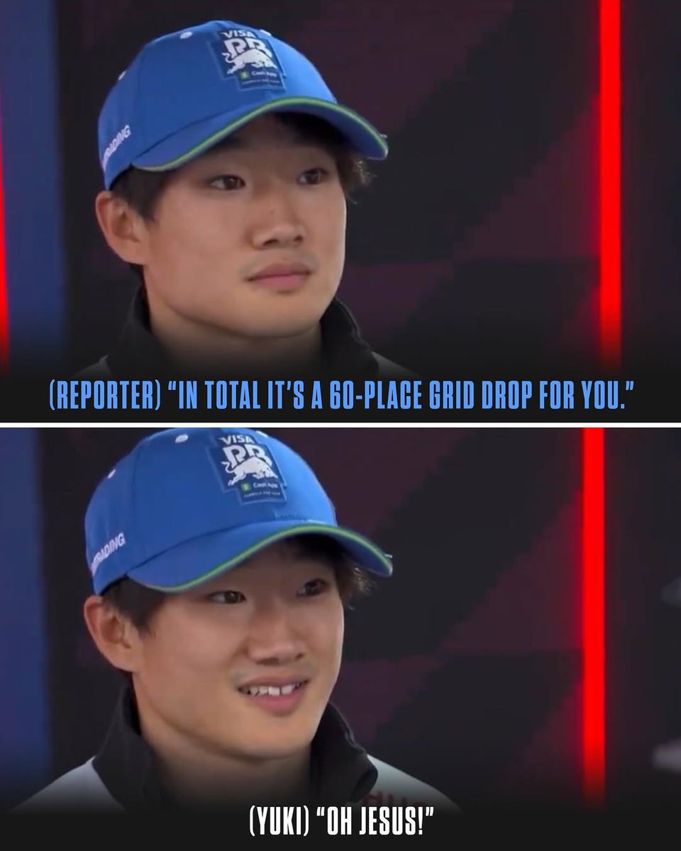 ESPNF1's tweet image. Never forget Yuki’s reaction to his 60-place grid drop last year at the Belgian Grand Prix 😅