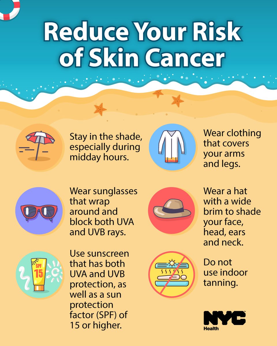 nycHealthy's tweet image. Enjoy the sun safely this summer!
Skin cancer is the most common form of cancer in the United States. You can reduce your risk of skin cancer by taking these steps to avoid harmful UV rays: on.nyc.gov/3DuOsxU