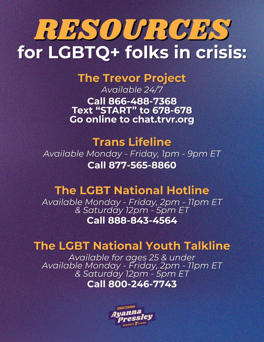 RepPressley's tweet image. This week, Trump ended the 988 hotline service that has helped many of our LGBTQ+ neighbors during moments of crisis.
This is cruel, it is dangerous, and it could be deadly.
To our LGBTQ+ siblings: we see you, we love you, & there are resources available to you.
