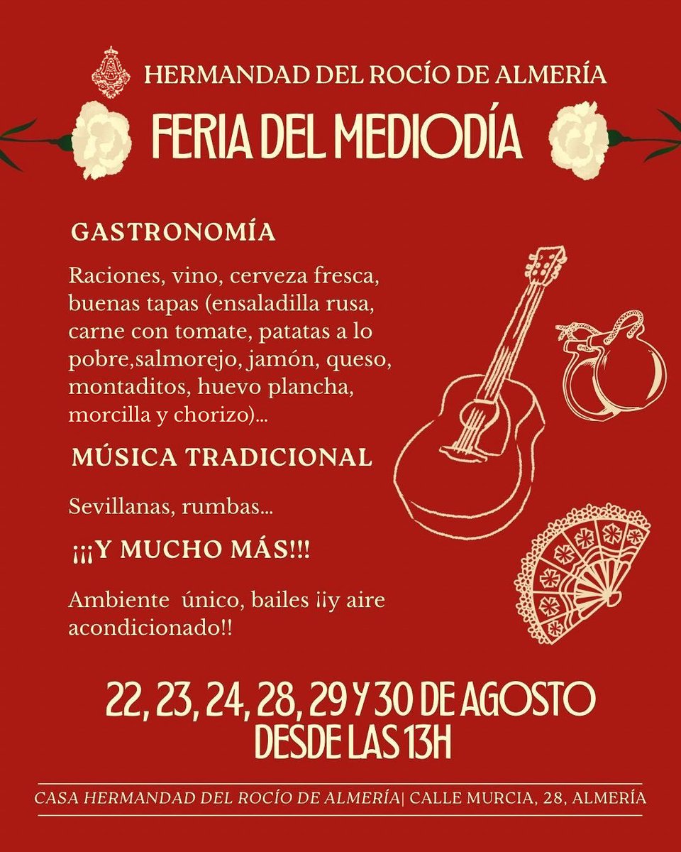 Ven a disfrutar con nosotros de buena gastronomía, música tradicional, bailes y un ambiente único… ¡y con aire acondicionado! 

Desde las 13:00h
Calle Murcia, 28 - Casa Hermandad del Rocío de Almería

¡Te esperamos para vivir juntos la alegría del mediodía al estilo más rociero!