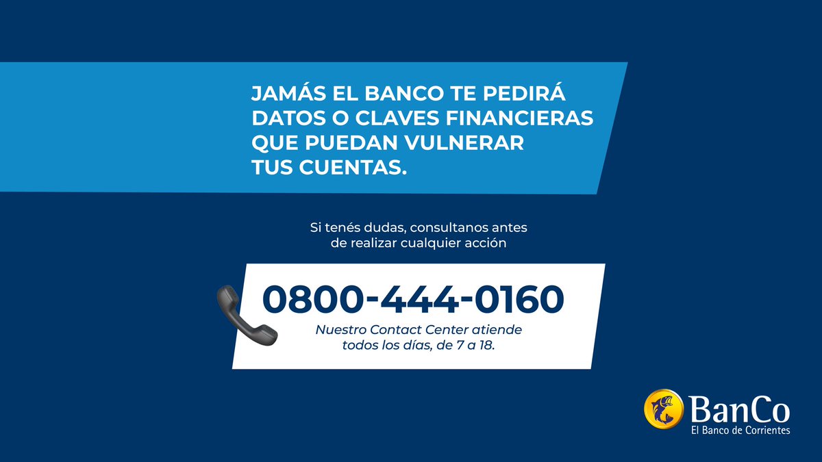 BancodeCtes's tweet image. Tu seguridad también depende de vos 🔐🤳

Los fraudes digitales se camuflan en llamados, mensajes o perfiles falsos 👤🚫

No te apures, no te confíes, no compartas tus claves ❌

Ante cualquier sospecha, llamanos al 📞 0800-444-0160 🕖 Todos los días, de 7 a 18.