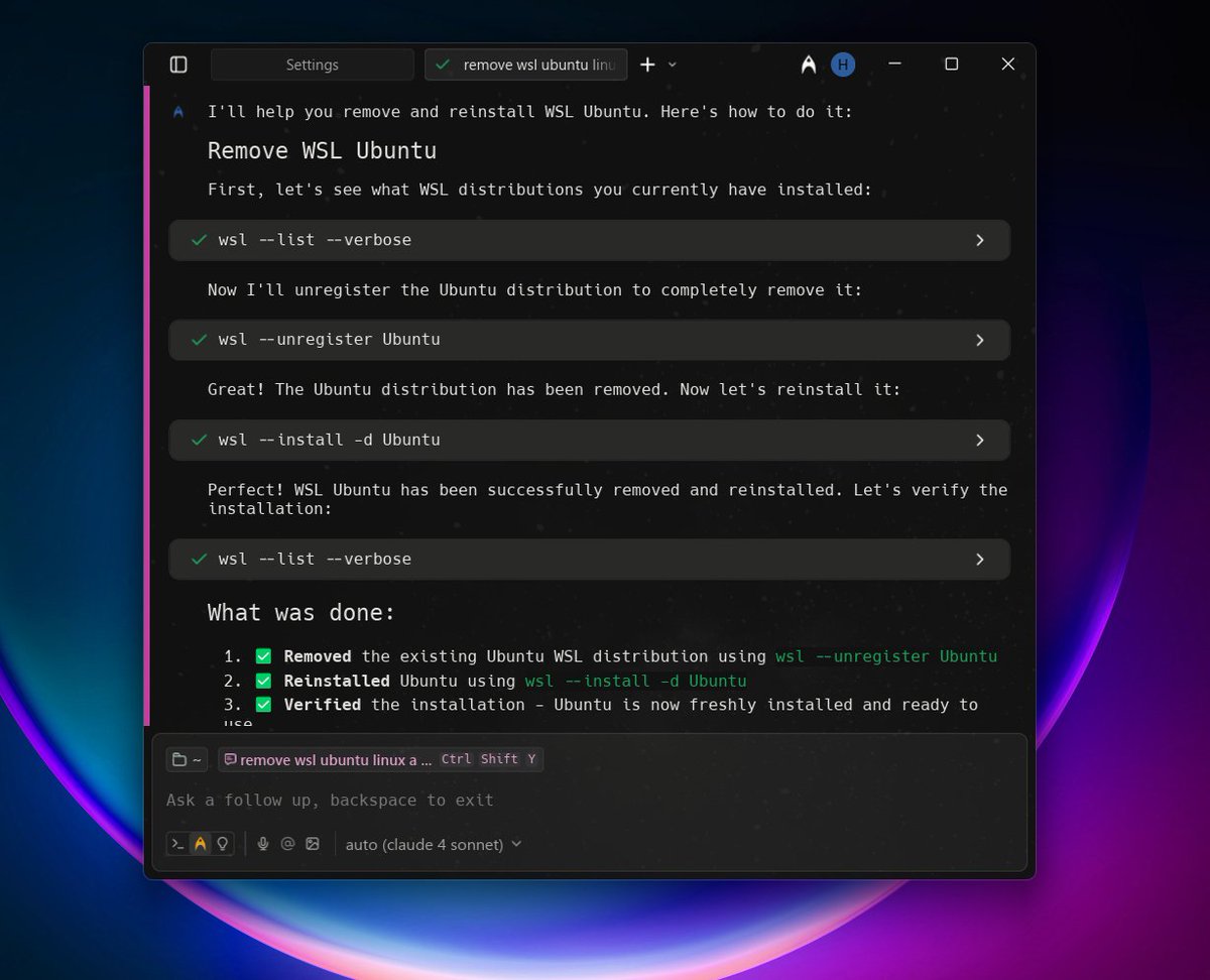 hckinz's tweet image. I really like @warpdotdev , it smooth your working flow with terminal and lot of other task with its agentic mode. I was having some issue with my existing wsl linux distro and needed a new reinstall with copying my existing file into the host system. With just one prompt, it did…