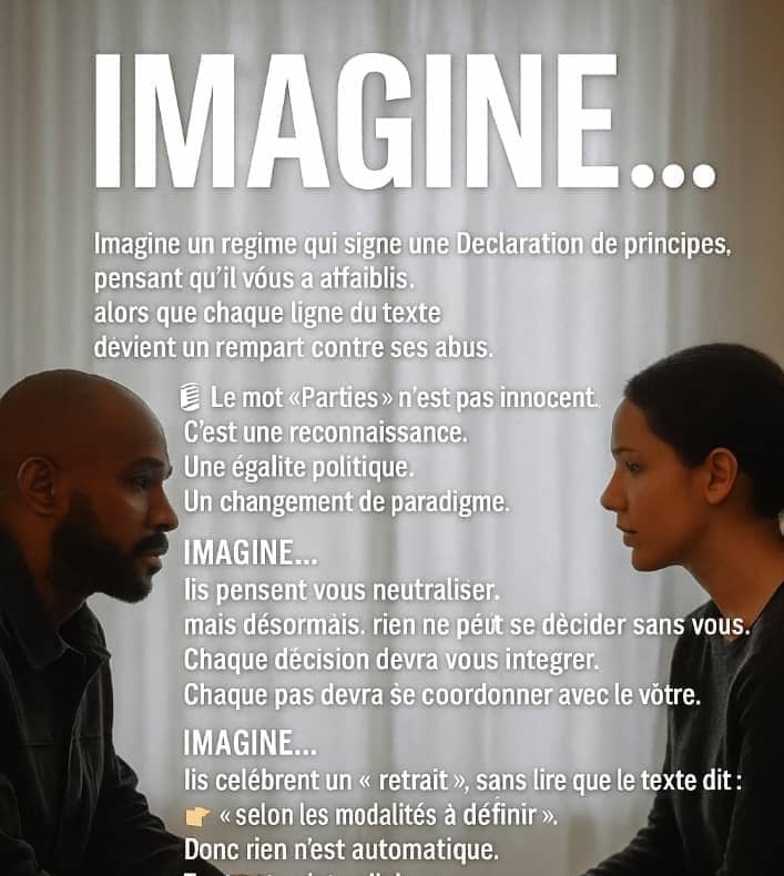 #RDC !!!      IMAGINE…
Ils pensaient nous enterrer avec une signature.
Mais chaque mot signé est un piège contre leur domination.

Parties = reconnaissance officielle.
Modalités à définir= aucun retrait sans nous.
 Restauration de l’État = pas sans dialogue avec l’autre partie.