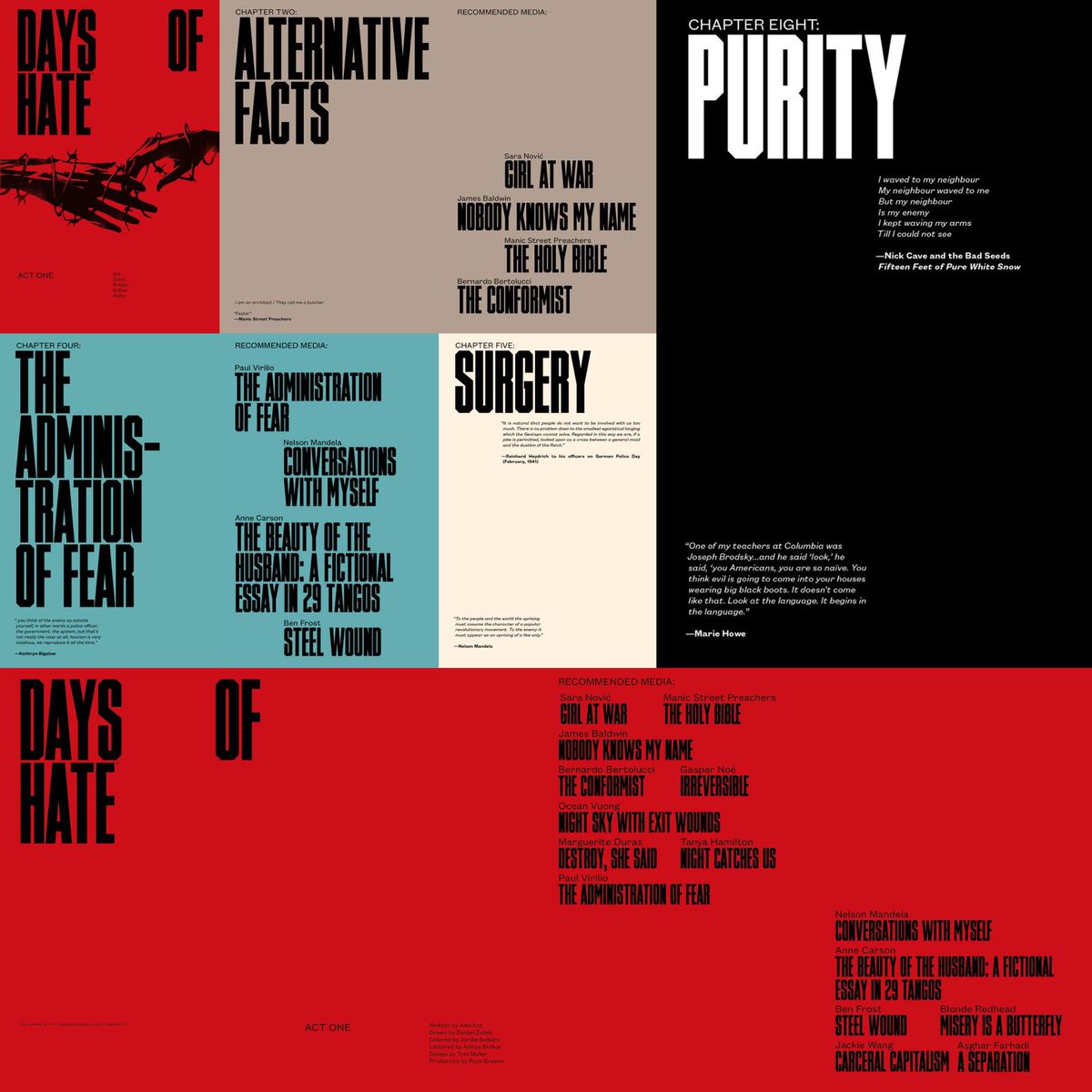 hellomuller's tweet image. Graphic urgency for a near-future dystopian America.
Days of Hate—created by Aleš Kot & artist Danijel Žeželj—is set in a bleak America five minutes into the future. A design was developed that taps into the visual language of Agitprop and protest, adding a layer of urgency.