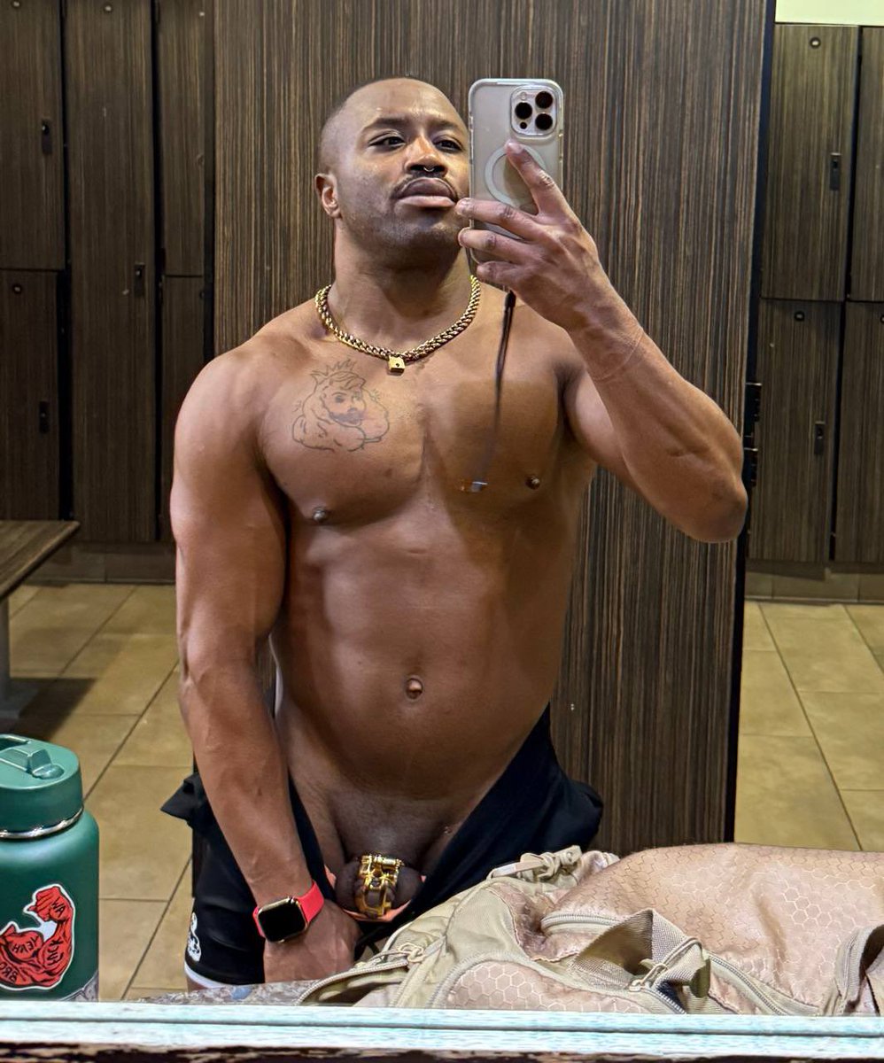 He's got his golden cock cage out in the locker room again!🏆