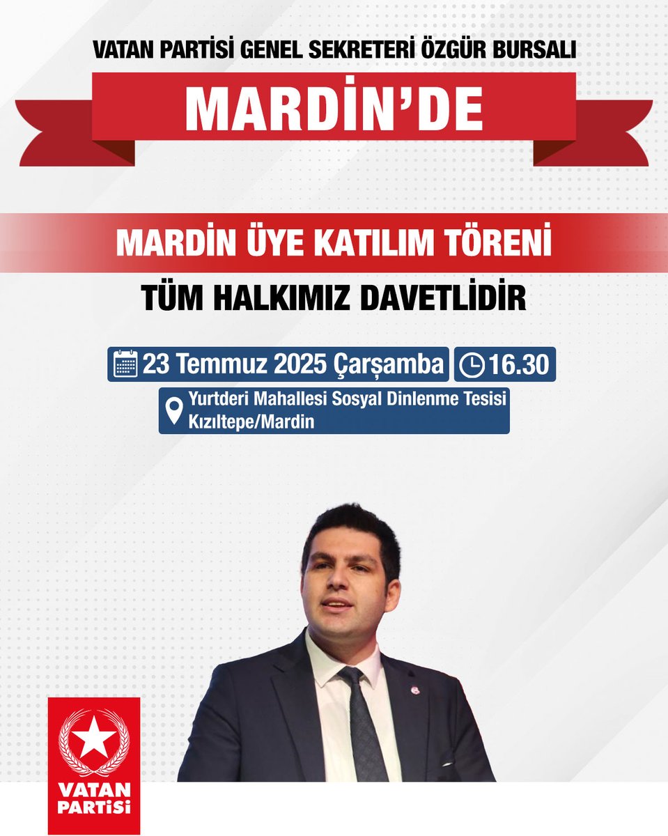 Genel Sekreterimiz Özgür Bursalı Mardin'de

23 Temmuz, Çarşamba günü saat 16.30'da yapacağımız Mardin üye katılım törenine tüm halkımız davetlidir.  

🗓️ 23 Temmuz 2025, Çarşamba
🕟16.30 
📍 Yurtderi Mahallesi Sosyal Dinlenme Tesisi Kızıltepe/Mardin