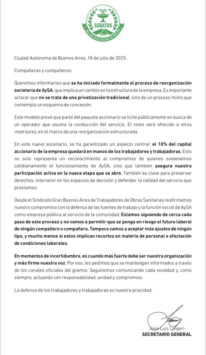 Igual que en los 90, los burócratas sindicales saludan la privatización del agua. Lo hacen a cambio de acciones en la futura AySA y tras haber avalado 1700 despidos y retiros “voluntarios” en los que el Estado gastó $60.000 millones ¿a pedido del comprador?