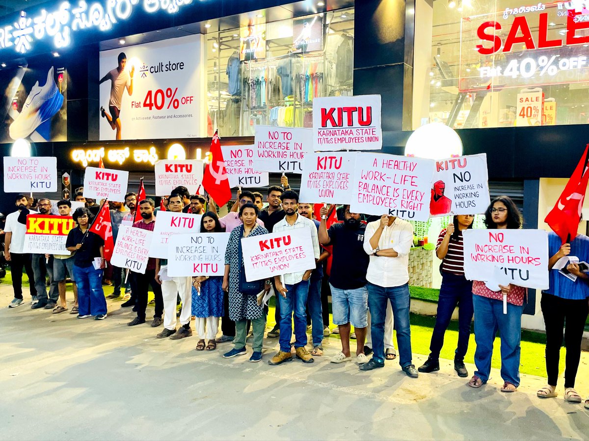 kitu_hq's tweet image. From every street to every tech park, the resistance echoes louder in Bangalore.
IT employees, united under Karnataka State IT/ITeS Employees Union (KITU), gear up to challenge government's push for longer working hours.
Resist #12hrWorkDay
Join KITU ➡️ kituhq.org/joinus
