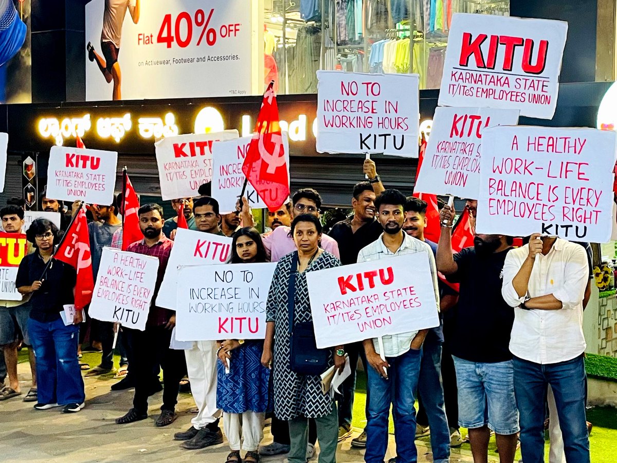 kitu_hq's tweet image. From every street to every tech park, the resistance echoes louder in Bangalore.
IT employees, united under Karnataka State IT/ITeS Employees Union (KITU), gear up to challenge government's push for longer working hours.
Resist #12hrWorkDay
Join KITU ➡️ kituhq.org/joinus