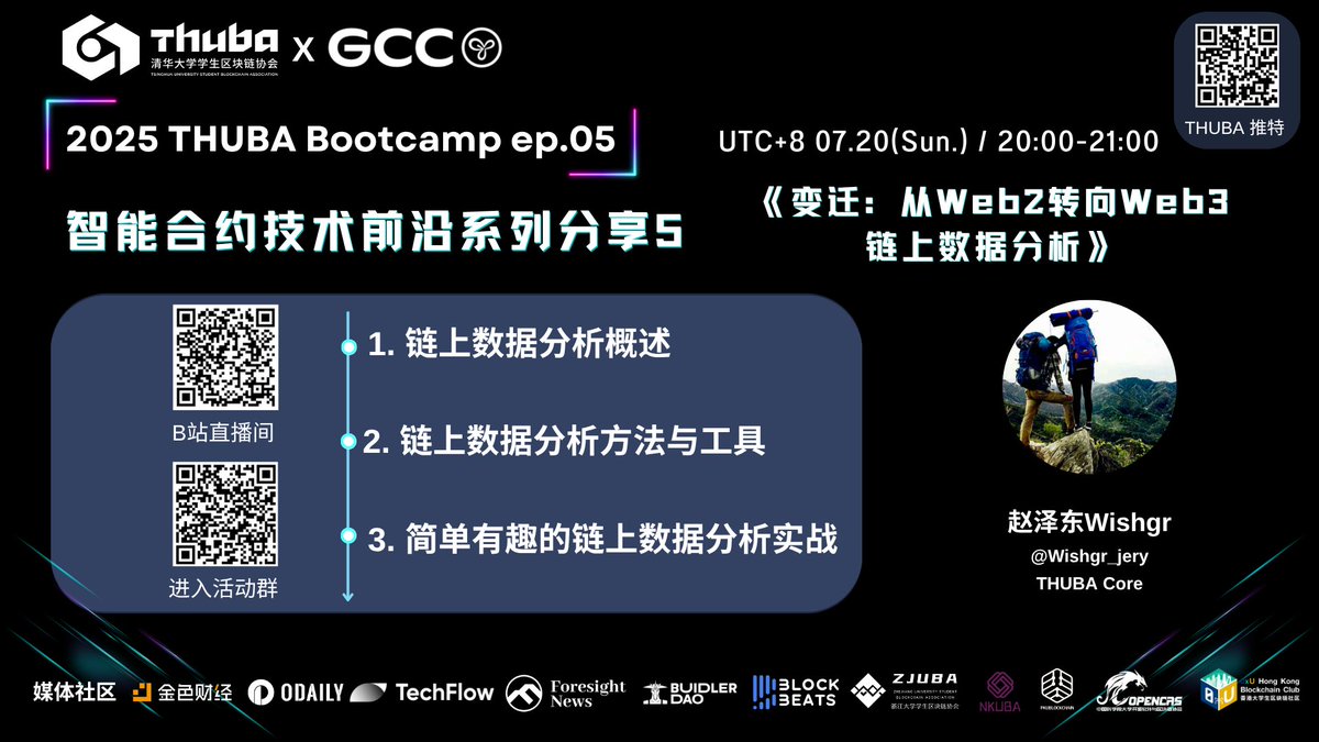 2025 THUBA Bootcamp EP05｜变迁：从Web2转向Web3链上数据分析  

7/20（周日） 晚上 8 点，将由清华大学THUBA会员 赵泽东 Wishgr <a href="/wishgr_jery/">Wishgr</a> 为大家带来分享，欢迎准时锁定直播 🚀 

从Web2数据仓库到Web3链上分析，本次训练营第五讲带你掌握区块链数据分析新范式，探索链上数据的无限可能！