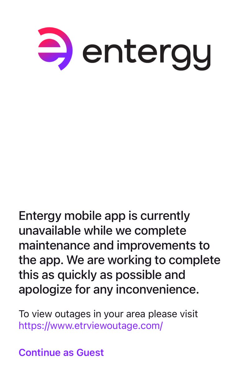 Hey <a href="/Entergy/">Entergy</a>, when am I going to be able to login into myentergy?? The app is still sharing this message below. It would be great if it told us when it is expected to be back on?? And I can’t login to the website either. 
Communication is very helpful to your customers.