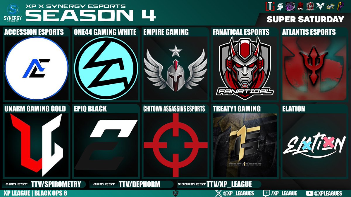 XP League (@xp_leagues) on Twitter photo 🏆XP x @synesportsgg SUPER SATURDAY🏆
Only the strongest survive 💪
8pm est
📺twitch.tv/dephorm
📺twitch.tv/spirometry
9:30pm est
📺twitch.tv/xp_league
Talent & Production: <a href="/DephormTTV/">Dephorm</a> <a href="/Matteo_Graff/">Matteo "Graff" Guidolin</a> <a href="/DCTrig/">Trig</a> <a href="/Spirometry_/">Spirometry</a>
🔋Stream Powered By <a href="/SlainGGs/">SLAiN Gaming</a> 🏆XP x @synesportsgg SUPER SATURDAY🏆
Only the strongest survive 💪
8pm est
📺twitch.tv/dephorm
📺twitch.tv/spirometry
9:30pm est
📺twitch.tv/xp_league
Talent & Production: <a href="/DephormTTV/">Dephorm</a> <a href="/Matteo_Graff/">Matteo "Graff" Guidolin</a> <a href="/DCTrig/">Trig</a> <a href="/Spirometry_/">Spirometry</a>
🔋Stream Powered By <a href="/SlainGGs/">SLAiN Gaming</a>