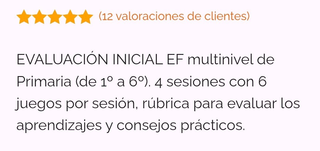 EVALUACIÓN INICIAL EF, multinivel de 1º a 6º Primaria. 4 sesiones con 6 juegos por sesión y rúbrica de aprendizajes. 
1ª sesión juegos presentación y persecución.
2ª juegos cooperativos parejas.
3ª juegos coop. pequeños grupos.
4ª juegos coop. gran grupo.
bibliosport.com/producto/evalu…