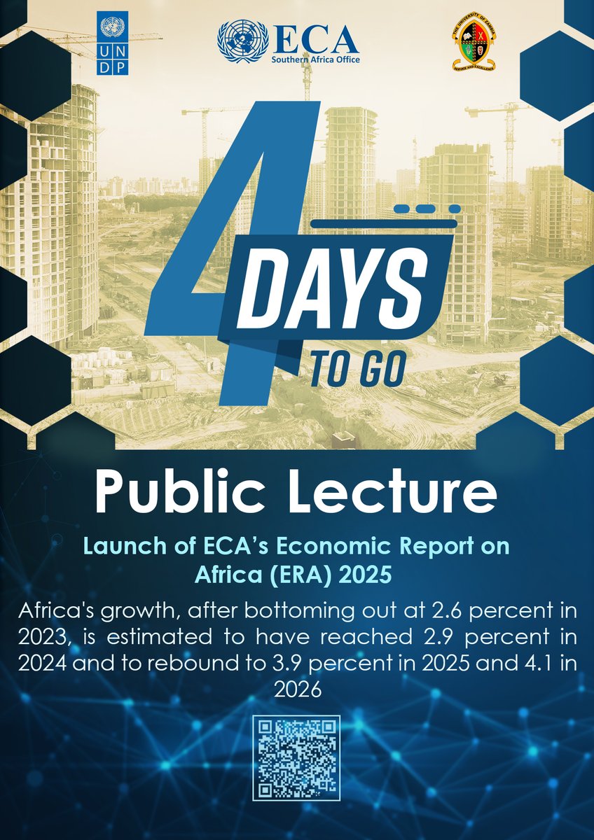 4 Days to go to the Public Lecture and Launch of ECA’s Economic Report on Africa #ERA2025.
The public lecture seeks to facilitate &amp; promote wider stakeholder &amp; student engagement, &amp; awareness on the implementation of #AfCFTA through the findings and recommendations of ERA 2025.