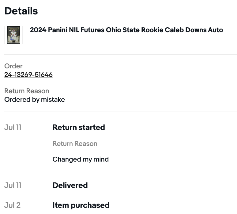 GabeyCardStacks's tweet image. It's pretty crazy that eBay will give this buyer until July 31st (20 days) to simply ship the item back after they initiate a return within an hour of receiving the item.
All because they changed their mind