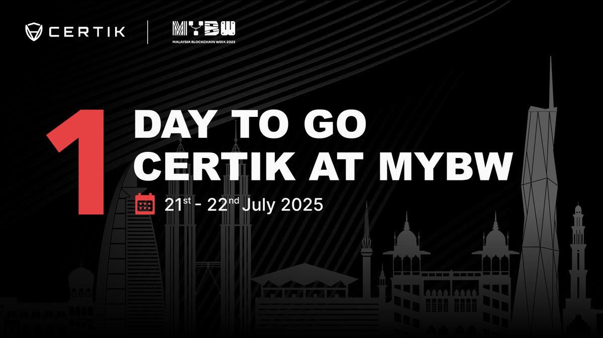 CertiK's tweet image. ⌛️1 day to go!
We’re gearing up for Malaysia Blockchain Week!
Join us at #MYBW as we dive into the future of Web3 security, AI agents in DeFi, and more.
See you there.👀