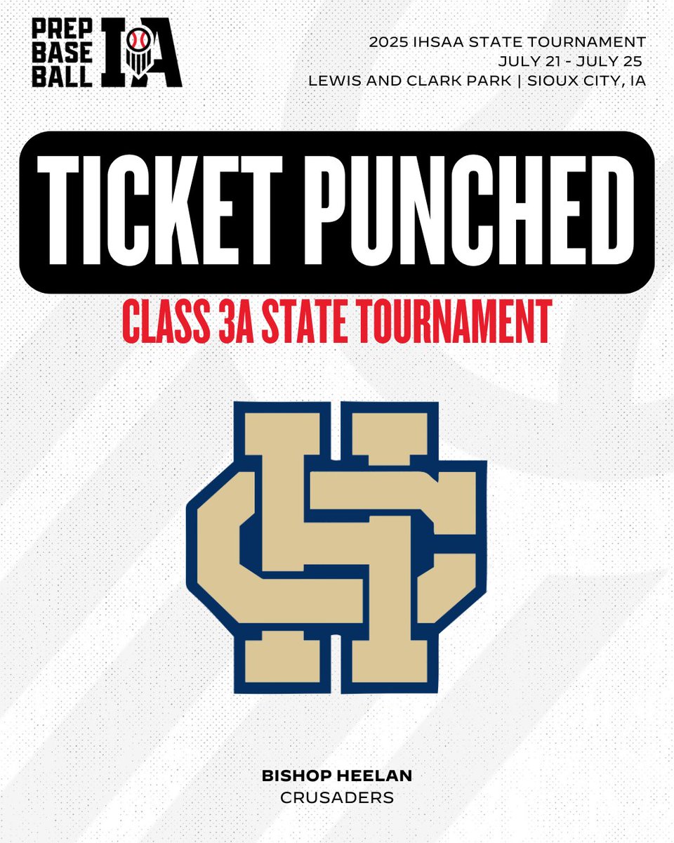 𝐓𝐈𝐂𝐊𝐄𝐓 𝐏𝐔𝐍𝐂𝐇𝐄𝐃 🎟️🥊

Congratulations to the Bishop Heelan Crusaders on punching their ticket to the 2025 Iowa High School 3A State Tournament!

<a href="/Heelan_Baseball/">Heelan Baseball</a> ➡️ Lewis &amp; Clark Park