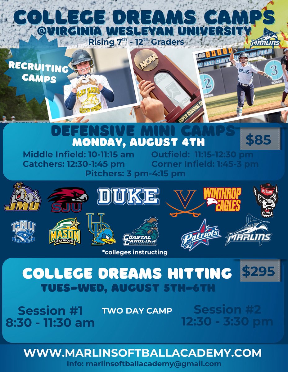 VWUSOFTBALL's tweet image. 🚨🥎🥎COLLEGE DREAMS🥎🥎🚨
We are nearly ✌️weeks away. Limited space available Aug 4-6!
🚫HITTING #1: Waitlist
👍HITTING #2: 19 spots remain
🤙CATCHING: 8 spots remain
🤙CORNERS: 10 spots remain
🚫OUTFIELD: Waitlist
🚫MIDDLES: Waitlist
🤙PITCHERS: 12 spots remain