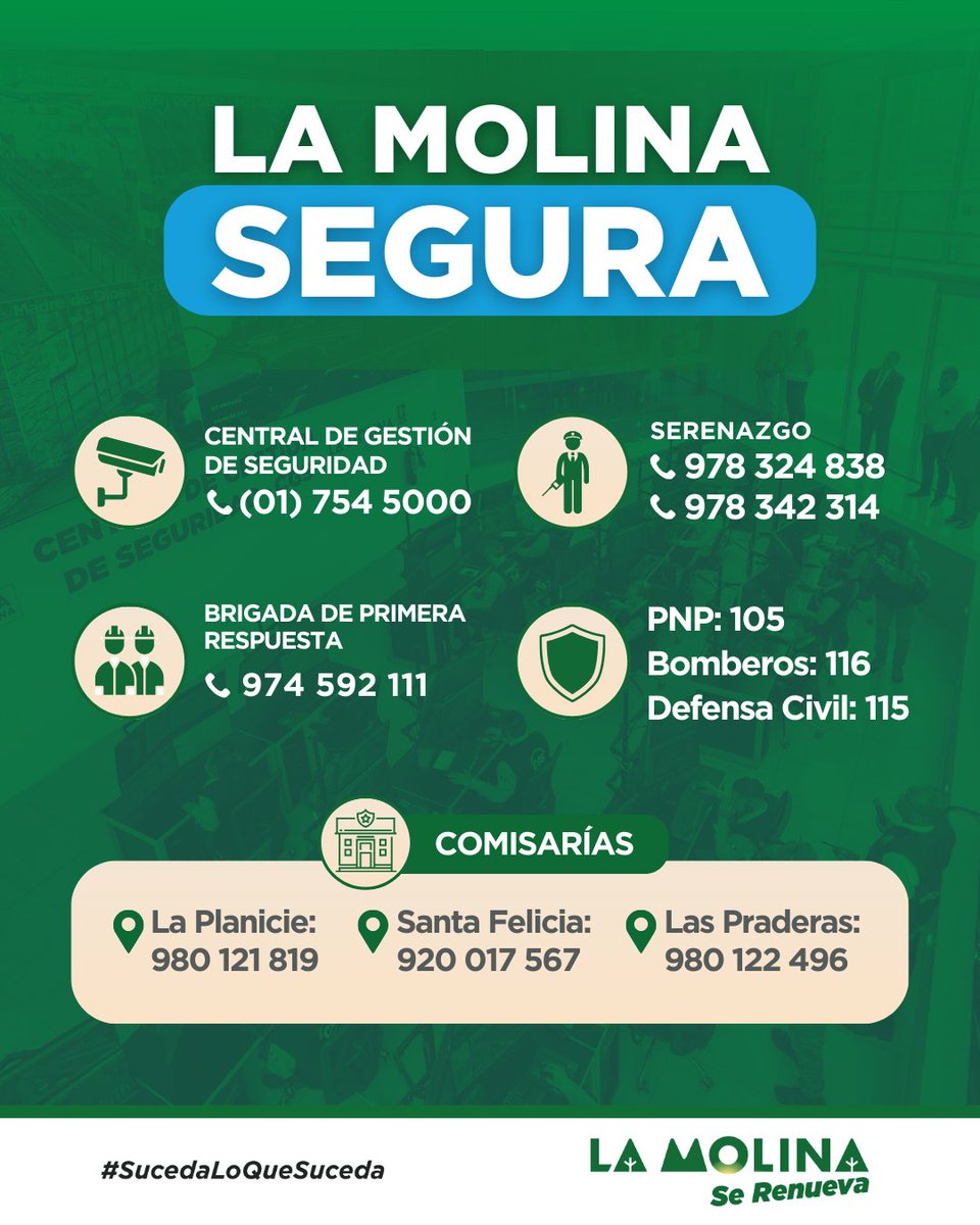 #AtenciónVecinos | 👮 Ante cualquier emergencia, nuestra 𝑪𝒆𝒏𝒕𝒓𝒂𝒍 𝒅𝒆 𝑮𝒆𝒔𝒕𝒊𝒐́𝒏 𝒅𝒆 𝑺𝒆𝒈𝒖𝒓𝒊𝒅𝒂𝒅 está a su disposición las 24 horas del día👇

📞 (01) 754 5000 | Serenazgo 📲 978 324 838 - 978 342 314 👮‍♂️

¡Tu seguridad es nuestra prioridad!💪

#LaMolinaSegura