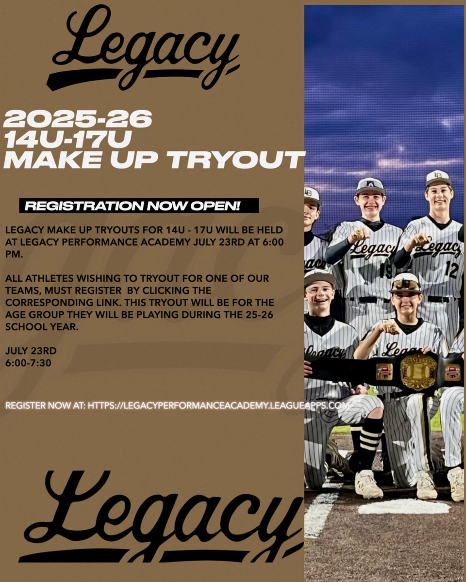 stllpa's tweet image. Legacy Make Up Tryouts will be July 23rd from 6:00-7:30 at Legacy Performance Academy.  

Register Here: …gacyperformanceacademy.leagueapps.com