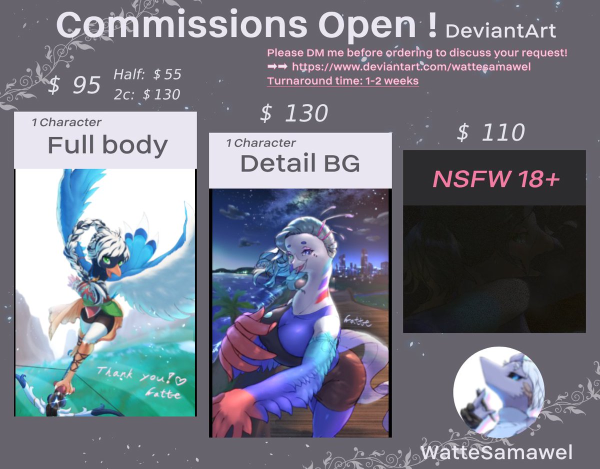 【Commissions Open!】
I'm now accepting commissions via DeviantArt!
Check the price sheet here 💙
🔗 deviantart.com/wattesamawel

DeviantArtにて、新たにcommission openしました😘✨
お待ちしております😌
#commissionsopen  #dragoness #avian  #anthro #digitalart