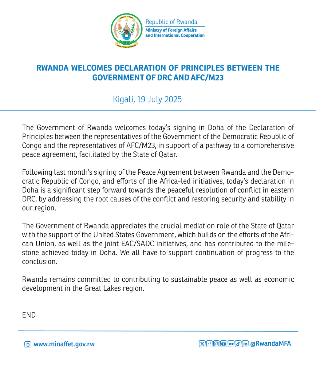 Rwanda welcomes Declaration of Principles between the Government of DRC and AFC/M23

Read full statement: minaffet.gov.rw/updates/news-d…